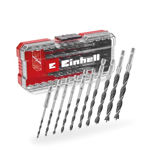 Original Einhell S-CASE 10 pcs. set de mèches à bois (à deux spirales, en acier à outils C45 laminé, tige E 6.3, affûtage 3 points, pointe de centrage, y compris boîte de rangement)