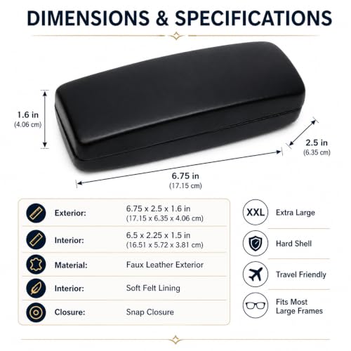 Image of Calabria S412 Extra Large Hard Shell Eyeglass Case - Black Snap Closure Glasses Case with Soft Felt Interior