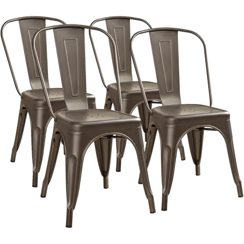 Furmax Metal Dining Chair Indoor Outdoor Use Stackable Classic Trattoria Chair Chic Dining Bistro Cafe Side Metal Chairs Set of 4 (Gun)