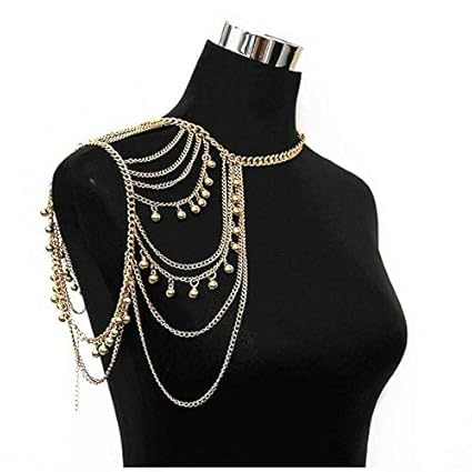 ELECTROPRIME Gold Tone Harness Multilayer Body Chain with Bells Necklace Love Rocks Shou W9F9