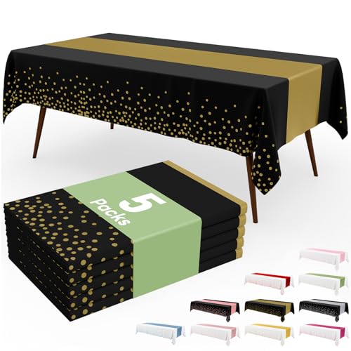 Image of Smiry Plastic Table Cloth Disposable 5 Pack, 54 x 108 Inch Rectangle Waterproof Tablecloth, Printed Gold Table Runner Style for Birthday Weeding, Party Decorations, Leakproof & Sturdy, Black and Gold