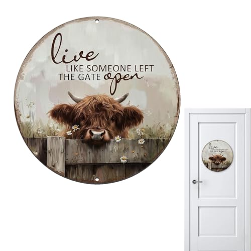 Décoration murale vache Highland, Plaque métal 'Vivre comme si on avait laissé la porte ouverte', Plaque ronde 20x20cm vintage, Cadeau vache Highland pour...