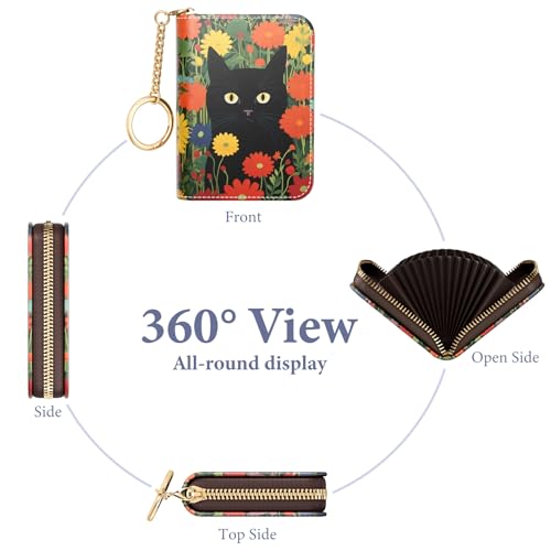 Image of Credit Card Holder RFID Wallet for Women, Small Leather Card Organizer Case with Zipper and Keychain, pussycat