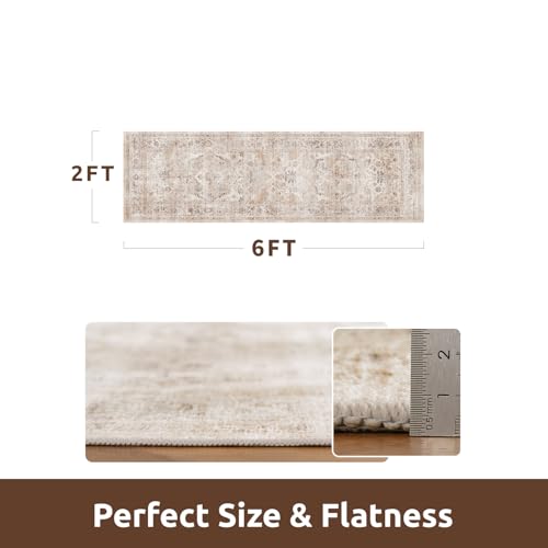 AMOAMI-2X6 Runner Rug-Washable Runners for Hallways-Soft Non Slip Bedside Rugs for Bedroom-Vintage Long Rug for Hallways Entryway Laundry Room Stair Kitchen Bathroom Beige