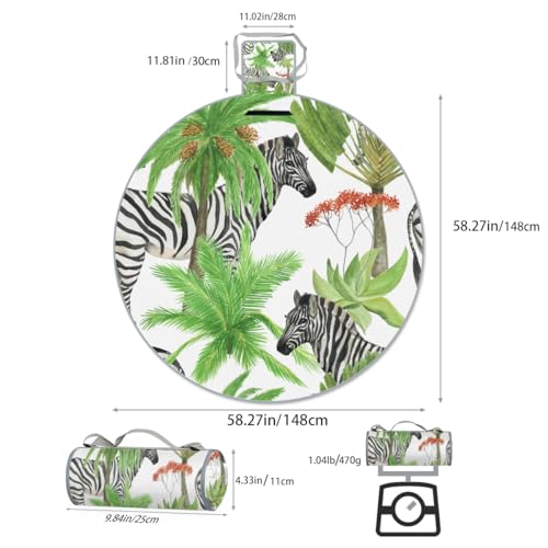 Shimoshe Coconut Tree Zebra Picnic Outdoor Blanket Foldable Waterproof Sandproof Beach Blanket Portable Water-Resistant Round Picnic Mat for Travel Camping Park Lawn