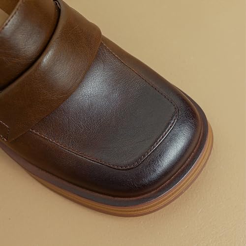 Women's Leather Chunky High Heels Penny Loafers Mid Stacked Heel Square Closed Toe Slip On Dress Uniform Oxfords Vintage Classic Comfortable Work Office Pumps Elegant Party Dress Shoes2
