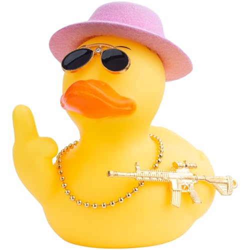 Mwmoeen Adorno de goma para coche, diseño de pato amarillo, accesorio para salpicadero de coche, con sombrero cilíndrico, collar, gafas de sol y accesorio fresco (9 cm, rosa)