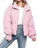 PEHMEA Women's Winter Cropped Puffer Jacket Coat, Warm Short Quilted Jackets Outerwear with Pockets 2026(Pink-L)