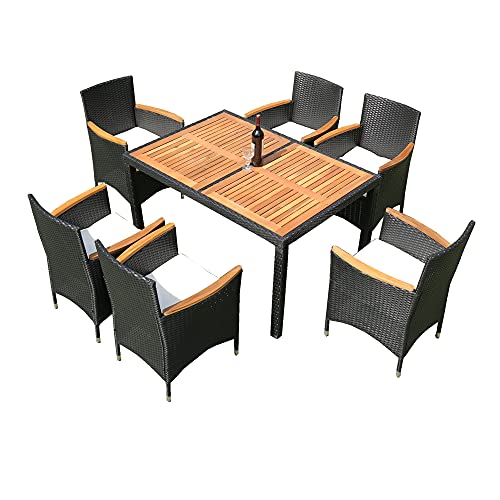 QVUUOU 7 Pieces Outdoor Patio Dining Set, Wicker Furniture Sectional Conversation Set with Soft Cushions, Acacia Wood Table and Stackable Armrest Chairs