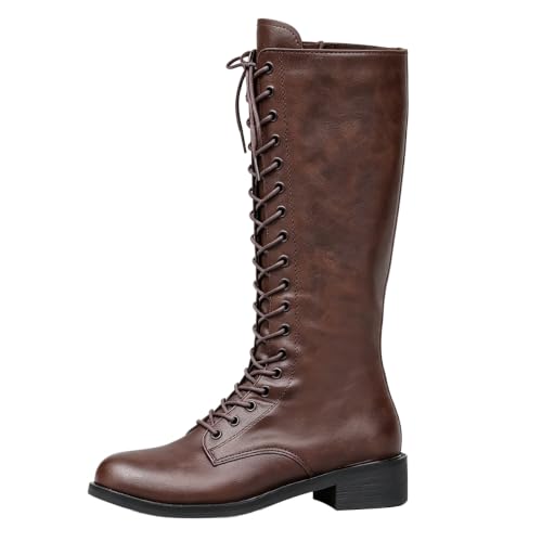 Minvyn Bottes Femme Genou à Lacets Fermeture Éclair Latérale, Marron, 39 EU | Tige en Simili-Cuir, Semelle Caoutchouc Anti-Glisse, Semelle Rembourrée, Talon Bloc Stable, Polyvalent Quotidien & Occasions
