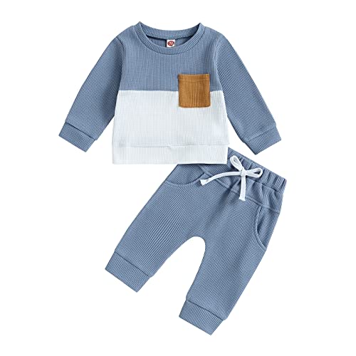 MERSARIPHY Toddler Baby Boy Outfits Fall Winter Color Block Long Sleeve Sweatshirt Pullover and Pants Set Cute 2Pcs Clothes Set(Blue Waffle,18-24 Months)