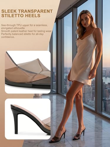 Image of Women Clear Pointed Toe Sandals Stiletto Heels Transparent Strap High Heels Slip on Mules for Women