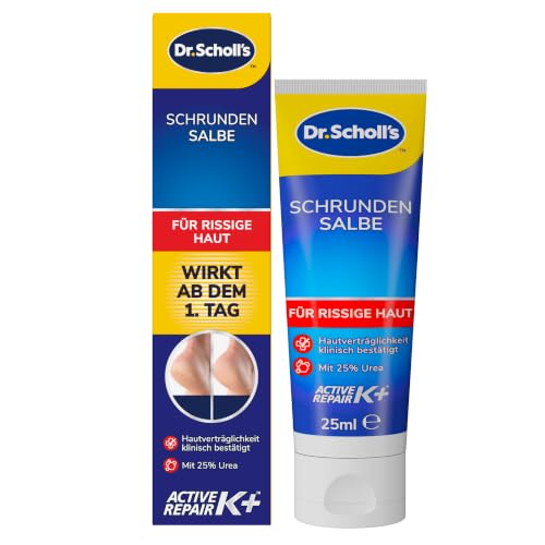 Scholl Schrundensalbe Active Repair K+ Fußcreme 25 ml für Trockene Rissige Fersen Regeneriert Geschädigte Haut Intensivpflege mit 25% Urea & Keratin Parfümfrei Fußpflege für Schöne Füße