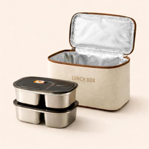 Image of Stainless Steel Lunch Box Set (2400ML) with Insulated Carry Bag | 2 Layer Food Grade Steel Containers, Leakproof Lid with Silicone Seal & Air Vent, Microwave, Dishwasher Safe