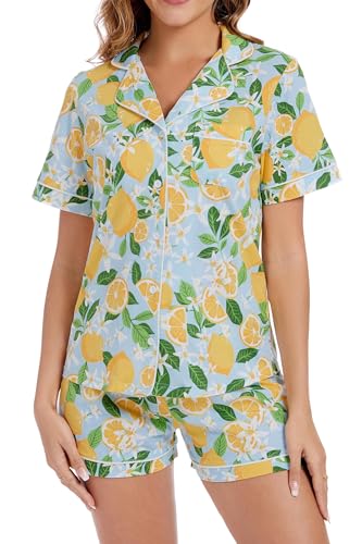 Image of LUBOT 100% Cotton Pajamas for Women 2 Piece PJ Set Button-Down Soft Knit Short Sleeve Summer Sleepwear Loungewear XS-XXL