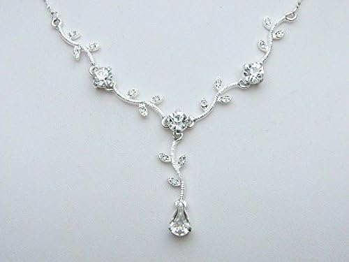 Vista 3 de Venus Jewelry - Juego de pendientes y collar de cristal con diseño de vid en forma de lágrima, chapado en plata, diamantes de imitación