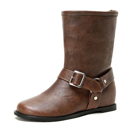 Cozivwaiy Black Ankle Boots For Women Round Toe Flats Comfortable Slip On Buckle Riding Low Heel Dress Casual Boots