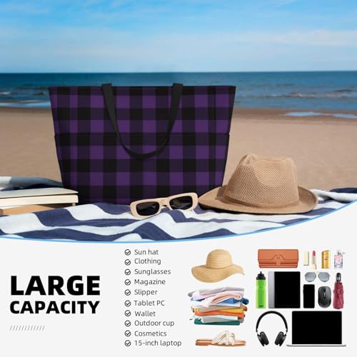 Purple Black Plaid Large Beach Bag Waterproof Sandproof Swim Tote Pool Bag For Women With Zipper4
