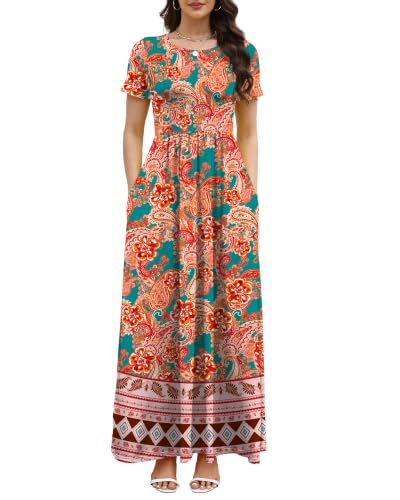 Image of COSSEN Women's Crew Neck Short Sleeve Maxi Dress with Pockets Casual Loose Swing for Wedding Guest Beach Vacation