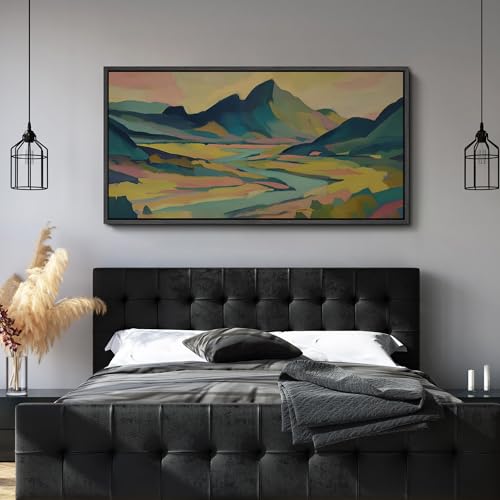 Image of MUDECOR Extra Large Framed Canvas Print Wall Art Colorful Abstract Mountain Landscape Modern Antique Retro Ready to Hang Painting for Living Room Bedroom Multi-Sizes - 60 inchx30 inch
