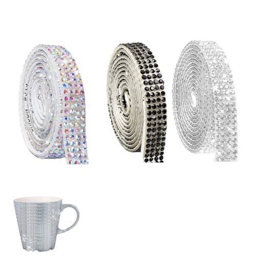 Lot de 3 rouleaux ruban strass autocollant 0,9 cm x 1 yard, bande décorative brillante argent multicolore noir, strass à coller pour couture DIY, décoration...