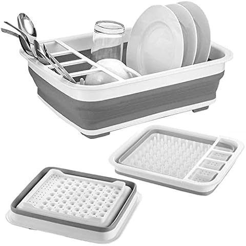 UMIKAkitchen Collapsible Dish Drying Rack - Popup and Collapse for Easy Storage, Drain Water Directly into The Sink, Room for Eight Large Plates, Sectional Cutlery and Utensil Compartment Cover