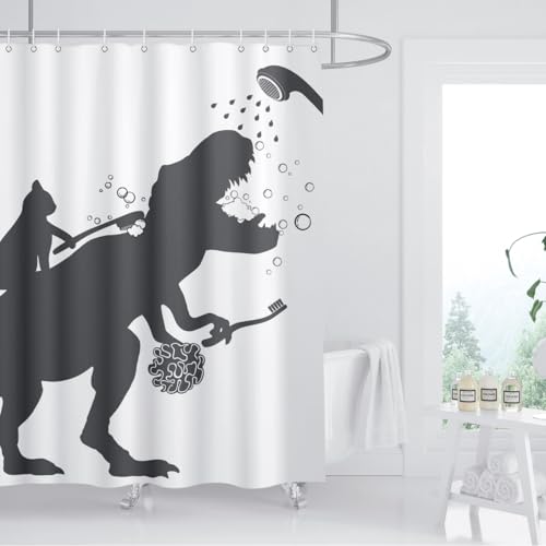 BIYSUC Cat Dinosaur Shower Curtain Funny Cat Help Dino Bathe for Kids Boys Trex Silhouette Shadow Black White Bathroom Waterproof Polyester Fabric 72Lx72W Inch with Hooks