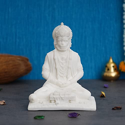 Image of eCraftIndia White Resin Hanuman Ji Murti for Home Temple Pooja Mandir Meditating Lord Hanuman Idol for Car Dashboard Home Office Hanuman Statue Hanuman Murti Gift for Diwali Hanuman Jayanti Ram Navami