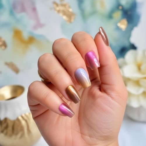Image of 24 Pcs Reusable Artificial Nails Fake Nails with Glue and Kit|Sunset Metallic Shimmer Colour Shift Press On Nails | Medium Square | Cat Eye Chrome Effect | Long Lasting UV Protected ABS |Salon fresh look