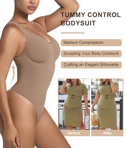 Image of SHAPERX Women's Shaping Mid-Thigh Bodysuit Tummy Control Shapewear Seamless Full Body Shaper