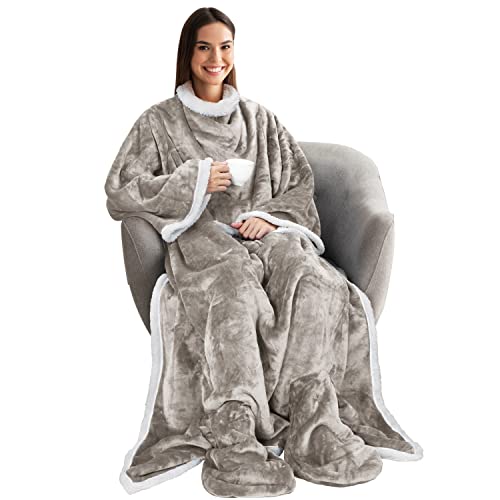 Catalonia Classy Coperta indossabile con maniche e piedi, coperta TV reversibile calda coperta in micropile sherpa con tasca, regalo per adulti donne uomini