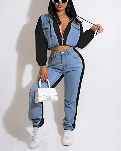 Two Piece Outfits For Women Sweatsuits Set Fall Winter - Women 2 Piece Workout Sets Long Sleeve Casual Denim Hoodie Sweatshirt Crop Top Bodycon Long Pants Set Sports Tracksuits With Pockets Black, Xxl #TOP1