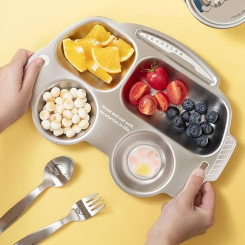 Image of Happy Hues Stainless Steel Divided Meal Plate Tray-3 Compartments Dinner Dish for Baby (Bus 02)