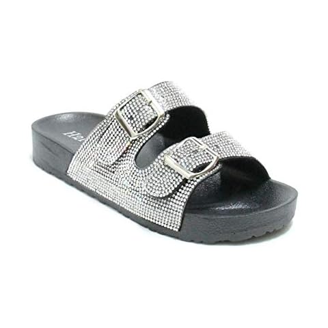 H2K Womens Glitter Double Buckle Adjustable Comfort Slip On Slides Sandals Espen (Black, 7) Cover