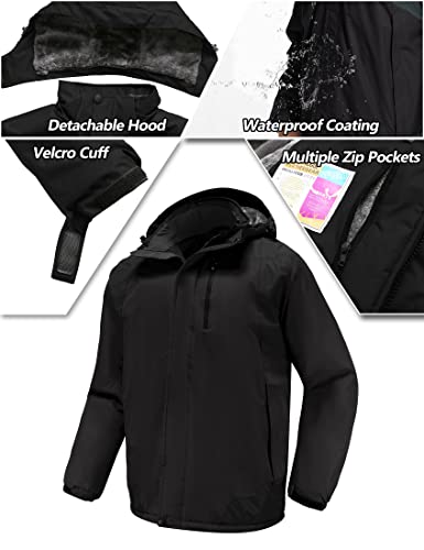 Purltoan Coats For Men Waterproof Insulation Fleece Hooded Jackets Winter Ski Snow Soft Shell Windbreaker Jacket With Multi Pockets Black 3Xl #TOP2