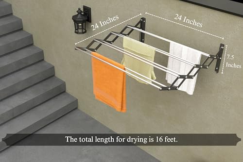 Image of UNOBRIGHT Foldable Wall Mounted Clothes Drying Stand | Heavy Duty Rust Free Stainless Steel Multi Rod Laundry Rack | 2 Feet, 8 Rods | Space Saving for Balcony, Bathroom & Laundry Room