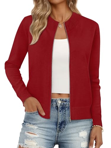 LILLUSORY Womens Zip Up Cardigan Sweaters Crew Neck Trendy Jackets Long Sleeve Outfits Fall Fashion 2025 Winter Clothing Red L