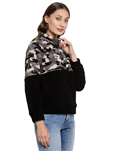 Image of Juelle Women Textured Black High Neck Fleece Sweatshirt