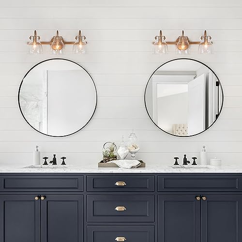 Image of KSANA Gold Bathroom Light Fixtures, 3-Light Modern Vanity Lights for Powder Room, Brass Bathroom Vanity Lights Over Mirror with Clear Glass Shade