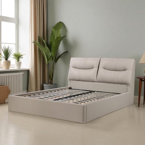 Image of The Attic Verona Queen Size Hydraulic Storage Bed with Soft Tufted Headboard Earthy Grey