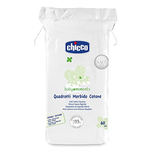 Chicco Baby Moments Lot de 60 carrés doux en coton, nettoie doucement et caresse doucement, Baby Skin, blanc, 0 mois