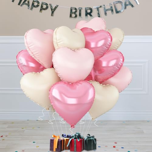 Image of Pink Heart Balloons,18inch Bright Pink Heart Shaped Foil Balloons & Pastel White Helium Mylar Balloon for Anniversary Wedding Engagement Birthday Party Baby Shower Decorations(12Pcs)