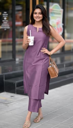 Image of ANNI Designer Women's Rayon Viscose Straight Solid Kurta with Palazzo Set | Sleeveless Ethnic Wear | Comfortable Two Piece Outfit for Office, Casual & Daily Use