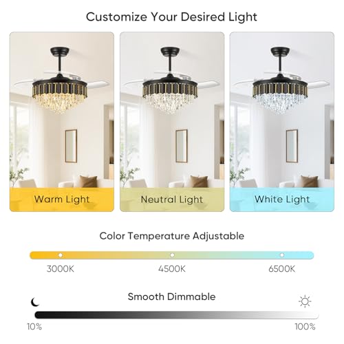 Image of 52'' Crystal Fandelier Ceiling Fan with Light, Black