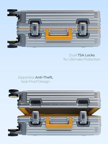 Image of EUME 100% Aluminium Cabin Trolley Bag Small for Travelling 50cm | Durable High-End 8 Silentrun 360 Degree Spinner Wheels | Premium Trolley Bag Small for Travel (Silver with Yellow Wheels)