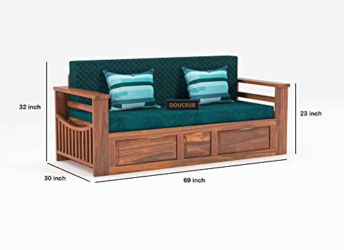 Image of Douceur Furnitures Solid Sheesham Wood Wooden Frame Three 3 Seater Sofa Cum Bed for Living Room,Hotels,Apartment & Hall | Finish:-Natural Finish | Cushion:-Bottle Green