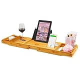 Morvat Premium Bamboo Wood Expandable Bathtub Tray & Caddy for Bathroom, Includes Book Holder, Shelf