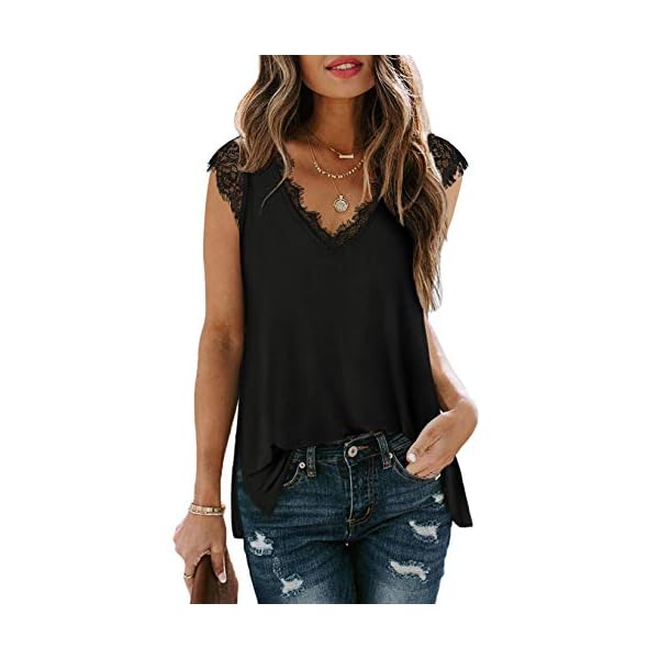 XIEERDUO-Womens-V-Neck-Lace-Tank-Tops-Summer-Casual-Sleeveless-Shirts-Side-Split Womens Lace Tank Tops Cute Summer Boho Tops Comfy Flowy Cute Fashion Black L