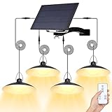 Solar Pendant Lights Outdoor IP65 Waterproof,4 Heads Solar Powered Shed Lights with On Off Remote Switch,Dimmable Dusk to Dawn Solar Indoor Lights for Shed,Patio,Garage,Chicken,Camp,Gazebo,Shop