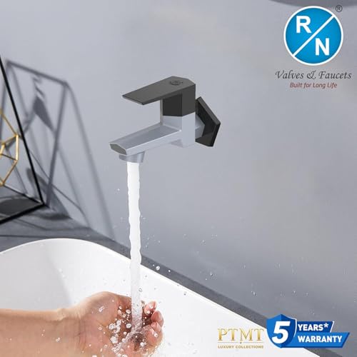 Image of RN PTMT Bib Cock for Bathroom | 15mm Foam Flow Water Tap with Flange | Luxury G20 Series Faucet | High-Grade Engineering Polymer Tap (Metallic Grey Black Dual, Pack of 1)